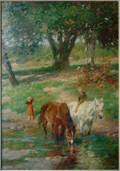Paarden bij de drinkplaats door Thomas Ludwig Herbst