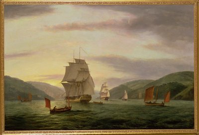Een fregat, een logger en koopvaardijschip in de haven van Dartmouth door Thomas Luny