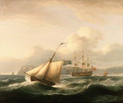 Een tweedekker voor anker in Torbay Harbour, met een cutter op de voorgrond door Thomas Luny