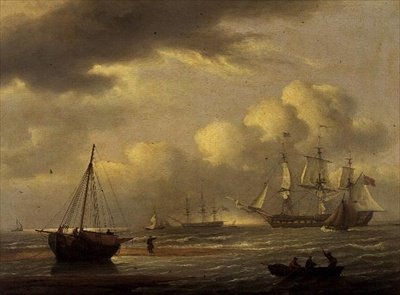 Een Indiaman in de wind, en boten voor de zuidkust door Thomas Luny