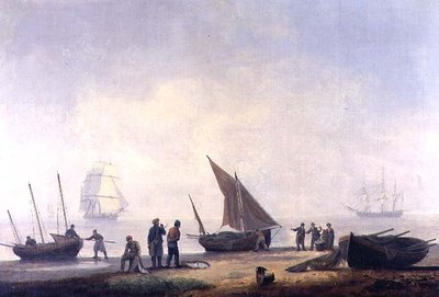 Vissersvolk op een strand, met schepen offshore door Thomas Luny