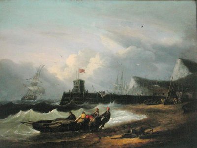 Een Boot aan Land Trekken bij de Haven van Dover door Thomas Luny