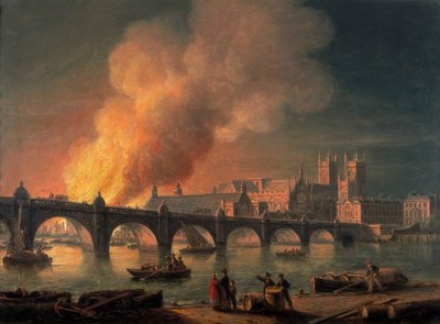 Westminster Bridge en de brand van de Houses of Parliament vanuit Lambeth, 1835 door Thomas Luny