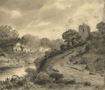 Bosrijk rivierlandschap met een rots op de voorgrond door Thomas Monro
