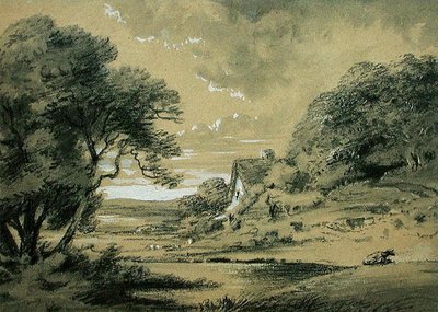 Landschap met een huisje bij een rivier door Thomas Monro