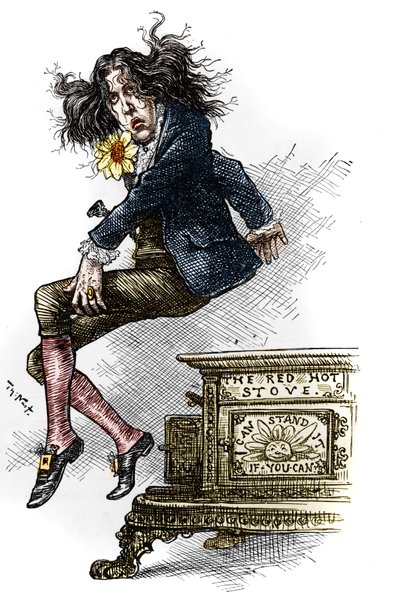 Cartoon van Oscar Wilde (1854-1900), gekleed als dandy, gemaakt tijdens zijn reis naar de Verenigde Staten in 1882. Tekening door Thomas Nast in 