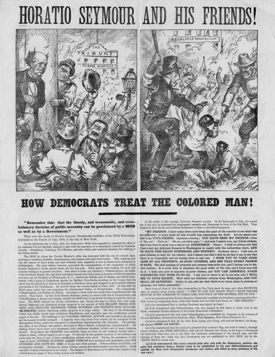 Horatio Seymour en zijn vrienden! : Hoe democraten de gekleurde man behandelen! : Onthoud dit: dat de bloederige, verraderlijke en revolutionaire doctrine van publieke noodzaak kan worden uitgeroepen door een menigte door Thomas Nast