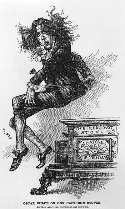 Oscar Wilde op onze Gietijzeren Kachels. Nog een Amerikaans Instituut waarop gezeten wordt, illustratie uit Harpers Weekly, gepubliceerd 1882 door Thomas Nast