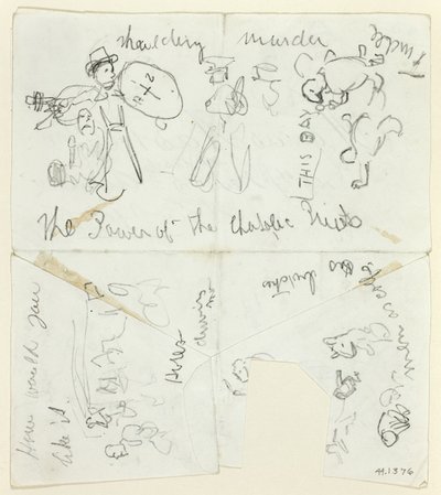 Blad met schetsen: De macht van de katholieke priesters (recto); Sheet of Sketches (verso) door Thomas Nast