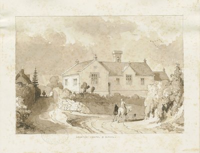 Croxden - Kapel en School: sepia was tekening door Thomas Peploe Wood