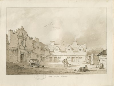 Stafford - Alms Houses: sepia tekening, nd [1837] door Thomas Peploe Wood