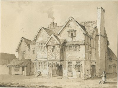 Stafford - [Oude Huizen in Crabbery Lane]: sepia en pen tekening door Thomas Peploe Wood