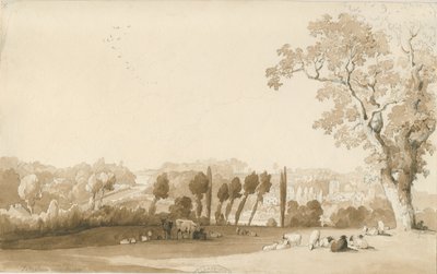 Tettenhall - Ver uitzicht vanuit het zuidoosten: potlood en wassing tekening, 30 aug 1837 door Thomas Peploe Wood