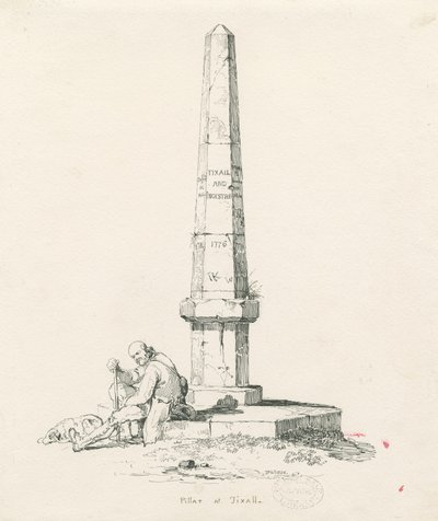 Tixall - Pilaar met afstandsaanduidingen: pen en inkt tekening door Thomas Peploe Wood