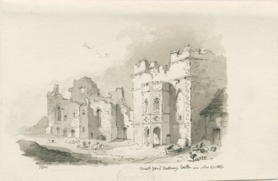 Tutbury Castle - Binnenplaats: pen en was tekening, 27 nov 1837 door Thomas Peploe Wood