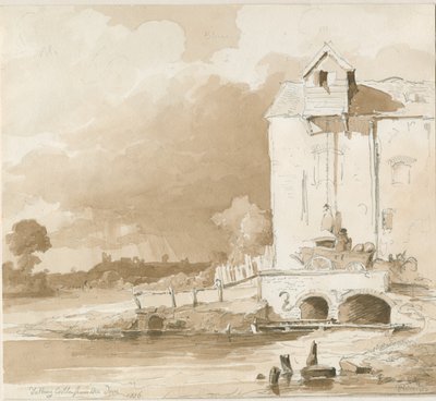 Tutbury Castle: Verre uitzicht vanaf de rivier de Dove: potlood en was tekening, 1836 door Thomas Peploe Wood
