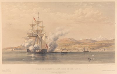 H.M.S. Highflyer Kapitein John Moore C.B. &c. voor anker bij Soukoum Kaleh-Abasia, Omar Pasha verlaat het schip, oktober 1855 door Thomas Picken