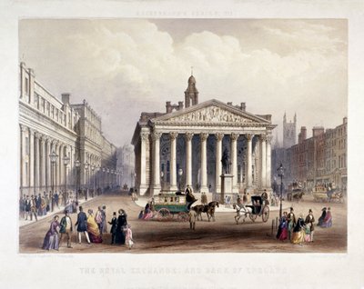 Royal Exchange en de Bank of England aan de linkerkant, Londen, 1851 door Thomas Picken