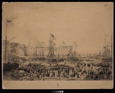 De lancering van de Trafalgar, in aanwezigheid van Hare Majesteit Koningin Victoria en Zijne Koninklijke Hoogheid Prins Albert, bij H.M. Dock Yard, Woolwich door Thomas Picken