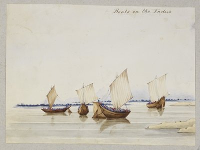 Boten op de Indus, Album van 212 tekeningen en 11 lithografieën die kostuums, beroepen, landschappen en gebouwen in Sind, Cutch en Bombay afbeelden door Thomas Postans