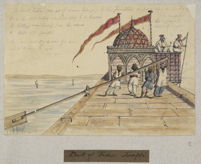 ‘Dek van Indus Jumpti. T.P. 1841’. Vier mannen roeien met een gigantische roeispaan, uit 