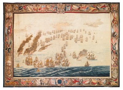 Historisch wandtapijt van de Slag bij Solebay, Mortlake, ontwerpen toegeschreven aan William van de Velde, ca. 1688 door Thomas Poyntz