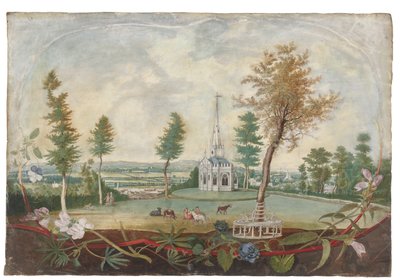 Een gotische kapel in een uitgestrekt park, in een cartouche versierd met snijbloemen door Thomas Robins