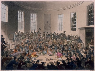 Mannen kijken naar een hanengevecht, laat 18e - begin 19e eeuw door Thomas Rowlandson, Augustus Charles Pugin