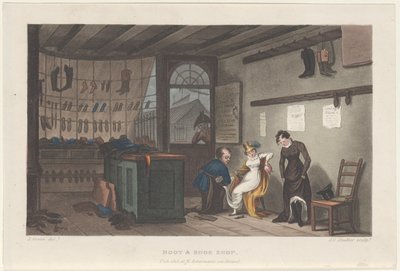 Boot & Shoe Shop, uit Poetical Sketches of Scarborough, 1813 door Thomas Rowlandson, Joseph Constantine Stadler, J. Bluck