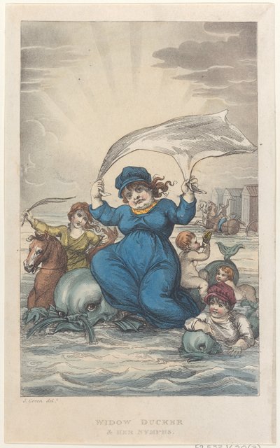 Weduwe Ducker & haar nimfen, uit Poetische Schetsen van Scarborough, 1813 door Thomas Rowlandson, Joseph Constantine Stadler, J. Bluck