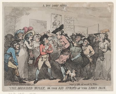 Een held uit de Box Lobby, De gebrandmerkte pestkop, of De ezel ontdaan van de leeuwenhuid. door Thomas Rowlandson