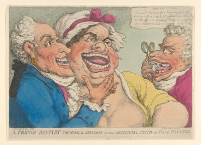 Een Franse tandarts toont een voorbeeld van zijn kunstgebitten en valse gehemeltes door Thomas Rowlandson