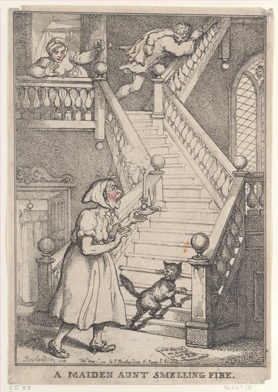Een oude vrijster ruikt vuur, [1 mei 1806], heruitgegeven 1 mei 1812 door Thomas Rowlandson