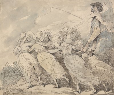 Een man die een span van zes meisjes bestuurt door Thomas Rowlandson