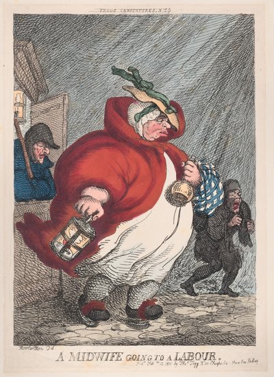 Een vroedvrouw gaat naar een bevalling door Thomas Rowlandson