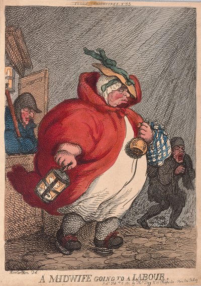 Een Vroedvrouw op weg naar een Bevalling door Thomas Rowlandson