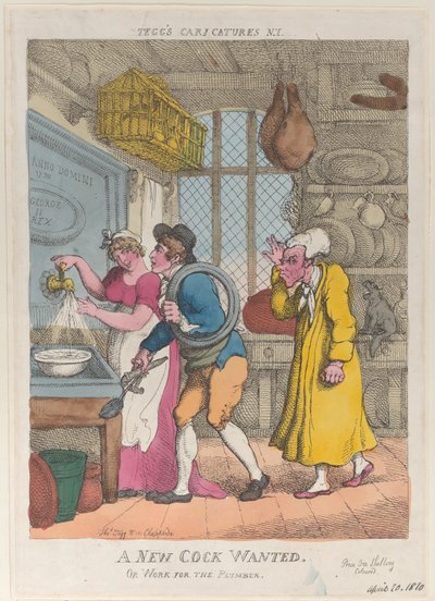 Een Nieuwe Haan Gezocht, of Werk voor de Loodgieter, 20 april 1810 door Thomas Rowlandson
