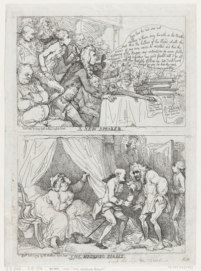 Een nieuwe spreker en de huwelijksnacht, 7 februari 1789 door Thomas Rowlandson