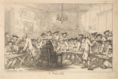 Een prentverkoop - Een nachtveiling door Thomas Rowlandson