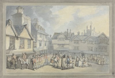 Een recensie op een marktplein door Thomas Rowlandson
