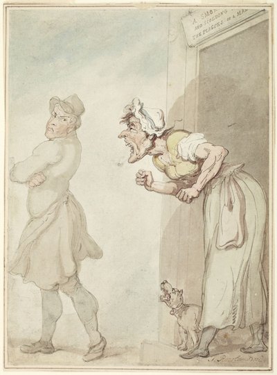 Een rokende schoorsteen en een snauwende vrouw: de plagen van de mens door Thomas Rowlandson