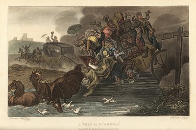 Een reis naar Scarbro: Een koets overladen met bagage en passagiers rijdt een vijver in. Handgekleurde kopergravure door Thomas Rowlandson, aquatint door J. Bluck, naar een schets van J. Green uit Poetical Sketches of Scarborough, Ackermann, Londen door Thomas Rowlandson
