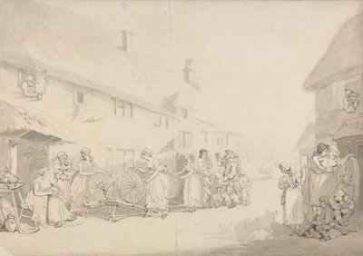 Een dorpstafereel met spinnende meisjes door Thomas Rowlandson