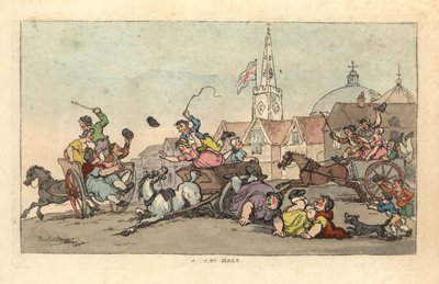 Een wagenrace in een Engelse stad met een ongeluk op de voorgrond door Thomas Rowlandson