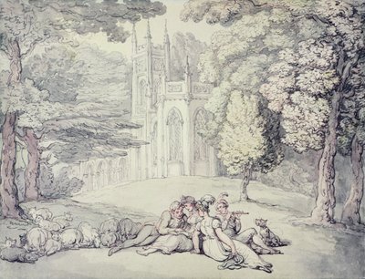 Een College Groen met een Groep Jonge Dames en Heren op de Voorgrond door Thomas Rowlandson