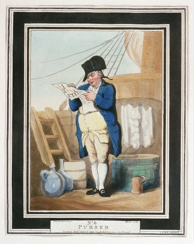 Een scheepskapitein in de Koninklijke Marine in de 18e eeuw, om deze rang te bereiken moest een man minstens een jaar als secretaris van de kapitein hebben gediend, om de post en het logboek te schrijven, de commissaris was verantwoordelijk voor de scheeps door Thomas Rowlandson