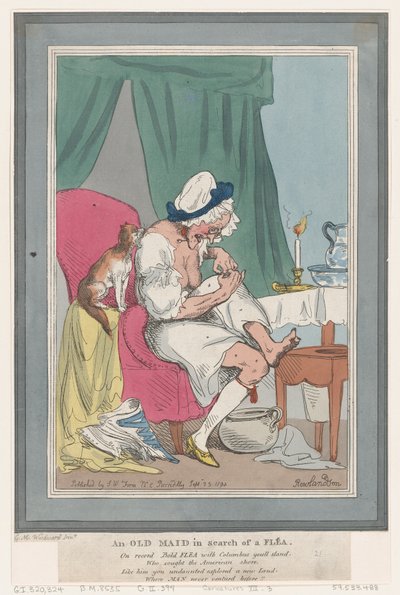 Een oude vrijster op zoek naar een vlo door Thomas Rowlandson