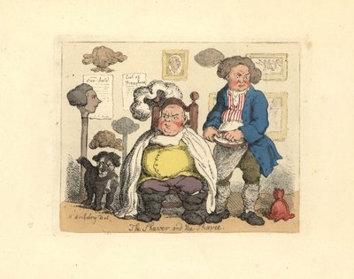 Barbier en klant in een kapperszaak versierd met pruiken door Thomas Rowlandson