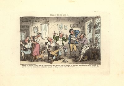 Barbier snijdt in zijn duim terwijl hij een klant scheert door Thomas Rowlandson