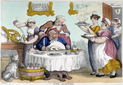 Bourgeois voor een overvloedige maaltijd geserveerd door vele bedienden - karikatuur door Rowlandson door Thomas Rowlandson